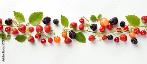 Fresh berries  brightly colored  photographed from above on a light background  with empty space.