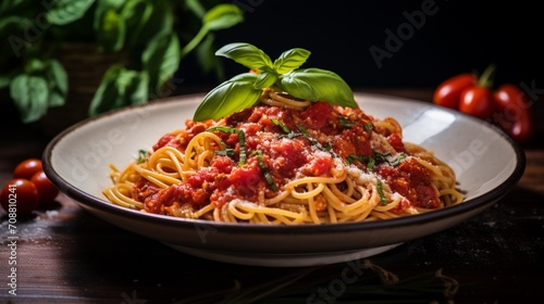A bowl of vibrant  freshly made pasta topped with a rich tomato sauce and basil leaves.