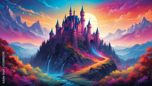 Fantasy colorful Camelot Castle . Creative illustration. Beautiful Castle in Dreamland. Fantasy castle in the mountains, green hills, blue sky, Fantasy Backdrop. Concept Art. Ai Generate 