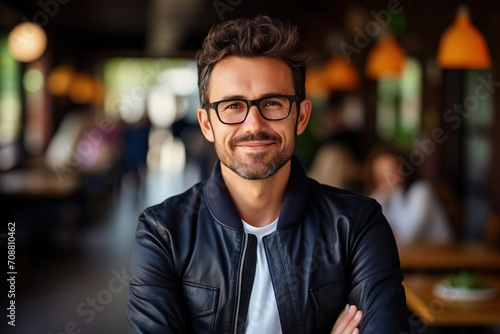 Portrait of a smiling man wearing glasses and a leather jacket © duyina1990