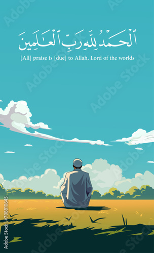 muslim sitting in the meadow. grateful Muslims. Muslims pray. (with arabic font mean all praise is due to Allah) photo