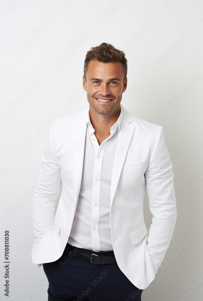 Happy smile businessman on a white background in the studio, white business professional. For art texture, presentation design or web design and web background. Generative AI. Happy smile businessman on a white background in the studio, white business professional. For art texture, presentation design or web design and web background. Generative AI.