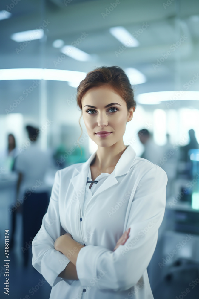 Female doctor wearing a white coat and work uniform in a hospital operating room. Generative AI. Female doctor wearing a white coat and work uniform in a hospital operating room. Generative AI.