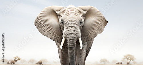 Close-up photo of a wild elephant, beautiful ivory, big ears, in the big forest. For art texture, presentation design or web design and web background. Generative ai photo