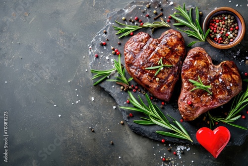 grilled beef steak for valentines day pragma in black background