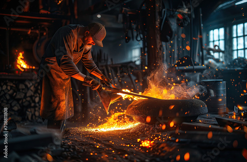 blacksmith working in a factory. sparks from metal. 