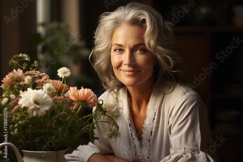 Portrait of a beautiful middle-aged woman with gray hair and blue eyes smiling next to a vase of flowers © duyina1990