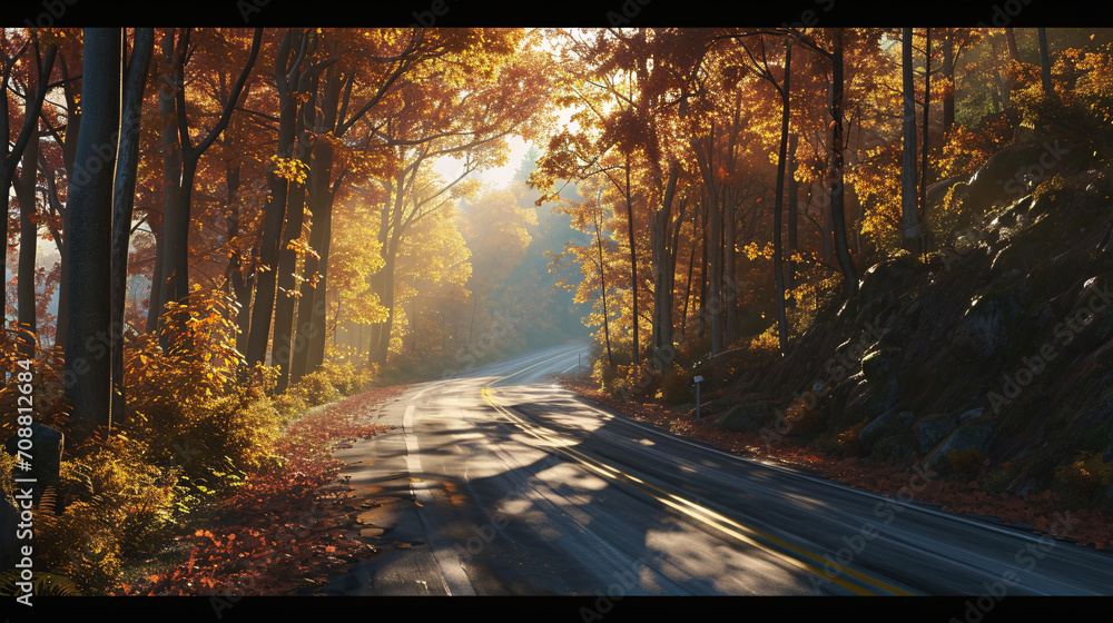 Asphalt road in enchanting autumn forest.