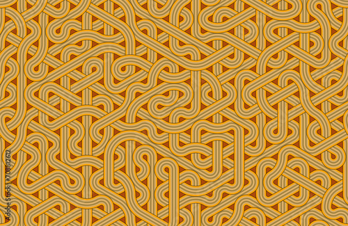 Wavy tangled lines seamless pattern. Retro brown, orange colors. Hexagonal Truchet, creative coding computational design.