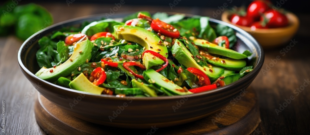 Vegan salad with avocado, broccoli, spinach, and cucumber, dressed with soy sauce and red hot pepper, presented on a wooden cutting board. Embracing vegetarian culture with raw food, promoting healthy Vegan salad with avocado, broccoli, spinach, and cucumber, dressed with soy sauce and red hot pepper, presented on a wooden cutting board. Embracing vegetarian culture with raw food, promoting healthy