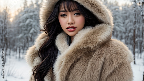 Asian female model in fur winter clothing