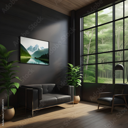Interior de una casa con un sofá varias macetas con plantas un cuadro y un gran ventanal con vistas a un bosque  photo