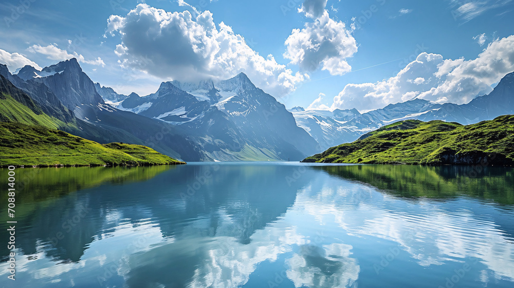 The lake with its calm waters reflects the peaks of the alpine mountains.
