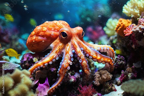 Underwater wonder. Captivating image featuring an octopus amidst vibrant corals. Perfect for projects related to marine life and ocean exploration. Dive into the beauty.