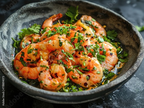 Thailand Culinary Delight: Char-Grilled Prawns with Chili, Lemongrass, and Fresh Herbs in Artisan Bowl