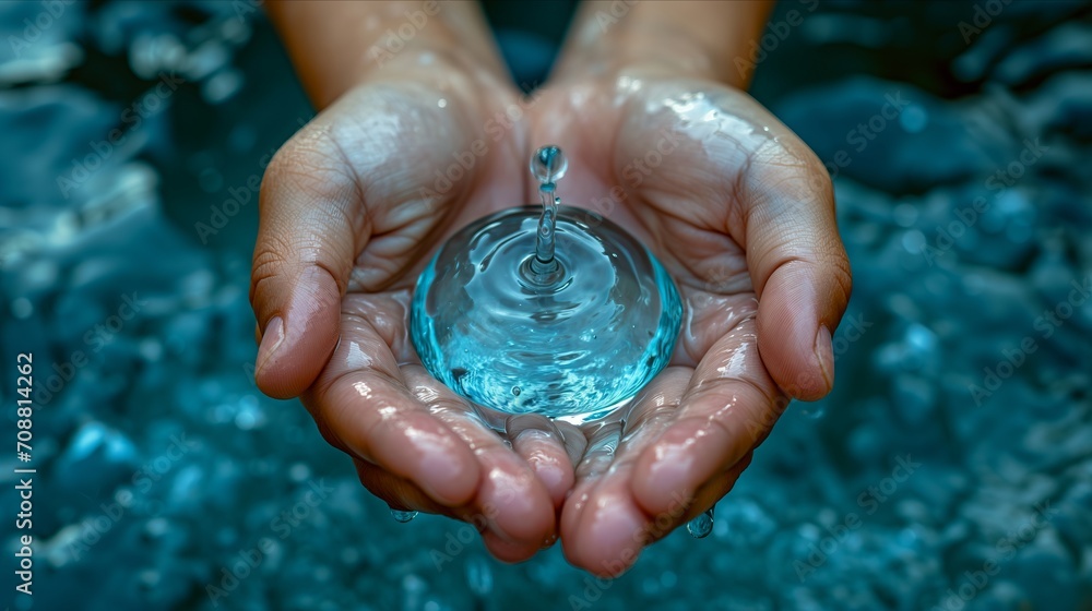 Clean Water Drop: World Water Day Campaign Hands delicately holding a pristine water drop, symbolizing the importance of clean water and participation in World Water Day initiatives - obrazy, fototapety, plakaty 