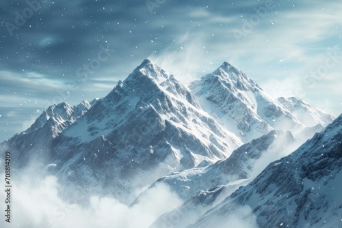 serene winter mountains with fresh snowfall, Generative AI