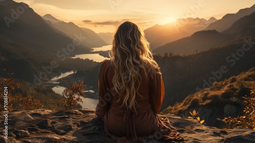 woman watching sunset over mountain lake