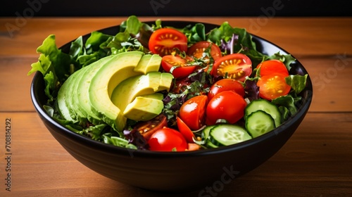 A colorful salad bowl filled with mixed greens, cherry tomatoes, and avocado slices.