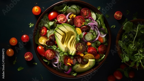 A colorful salad bowl filled with mixed greens, cherry tomatoes, and avocado slices. © UMAR_ART