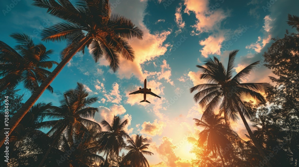 A commercial plane flying above palm trees at sunset, jet plane flying over tropical island - obrazy, fototapety, plakaty 
