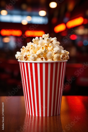 A red and white striped popcorn bucket sitting on a table with a blurry background of red and orange lights