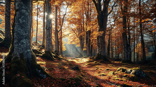 autumn with bright leaves covering the forest floor.