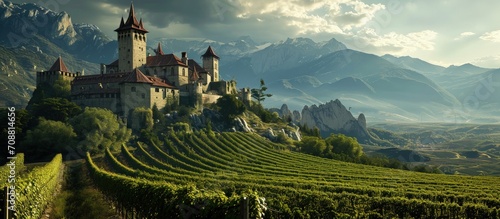 Medieval landscape with castle on top of a mountain surrounded by vineyard plantations