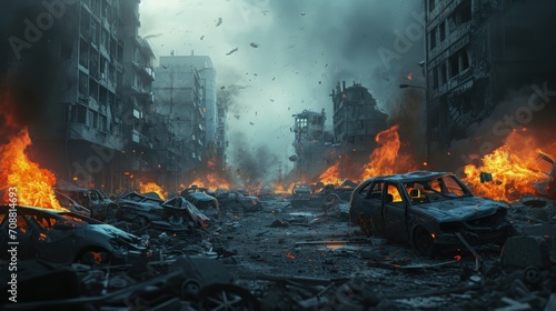 Destroyed city with burning cars and buildings, city devastated after bombing, City on fire