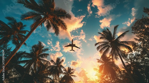 A commercial plane flying above palm trees at sunset, jet plane flying over tropical island photo