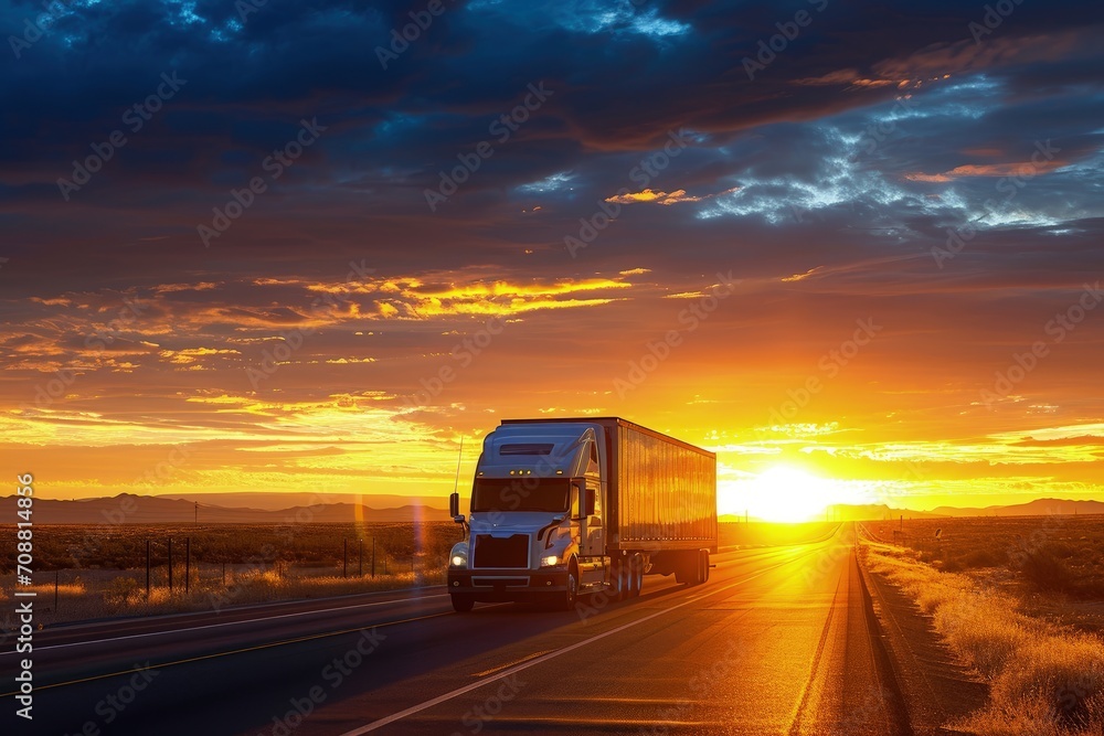 Box truck on the road at sunset, cargo truck