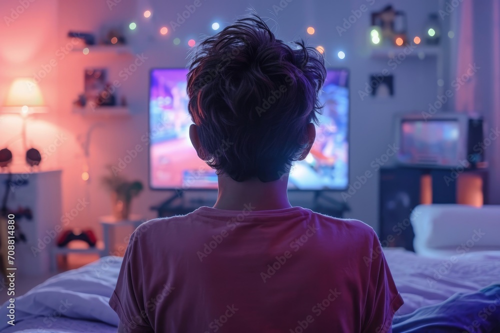 Boy watching TV in the room, Boy on his back watching television Boy watching TV in the room, Boy on his back watching television