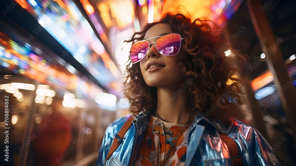 Fashionable woman pink sunglasses reflection night lights city street, close-up smiling model 80s colorful retro vintage stylish trendy fashion.