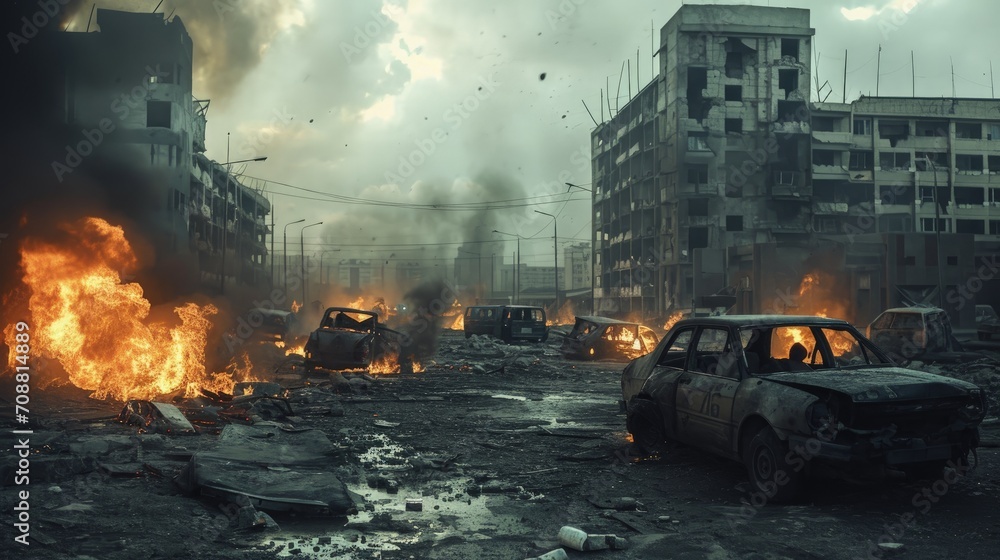 Destroyed city with burning cars and buildings, city devastated after bombing, City on fire - obrazy, fototapety, plakaty 