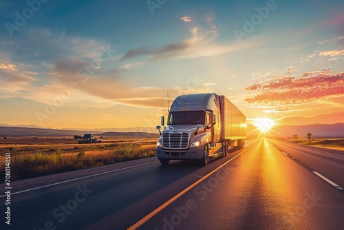 Box truck on the road at sunset, cargo truck photo