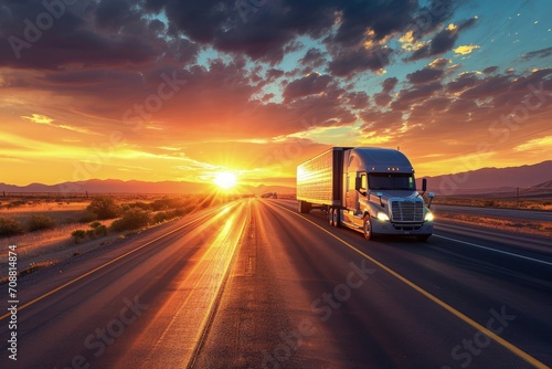 Box truck on the road at sunset  cargo truck