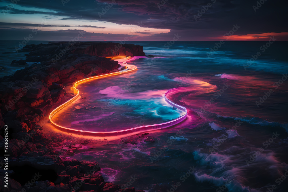 Long exposure of a colorful rainbow of light traces in a beautiful curved path between the rocks over the Mediterranean Sea in the Costa Brava shoreline on sunset. Generative Ai