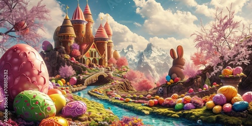 Easter fantasy world with bunnies, giant chocolate eggs and colorful sweets