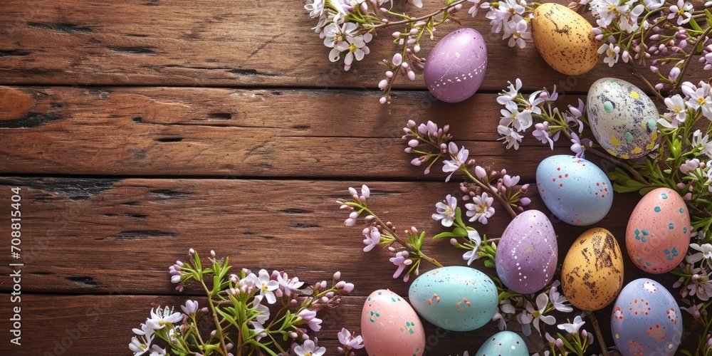Colorful eggs and flowers on wooden background with copy space