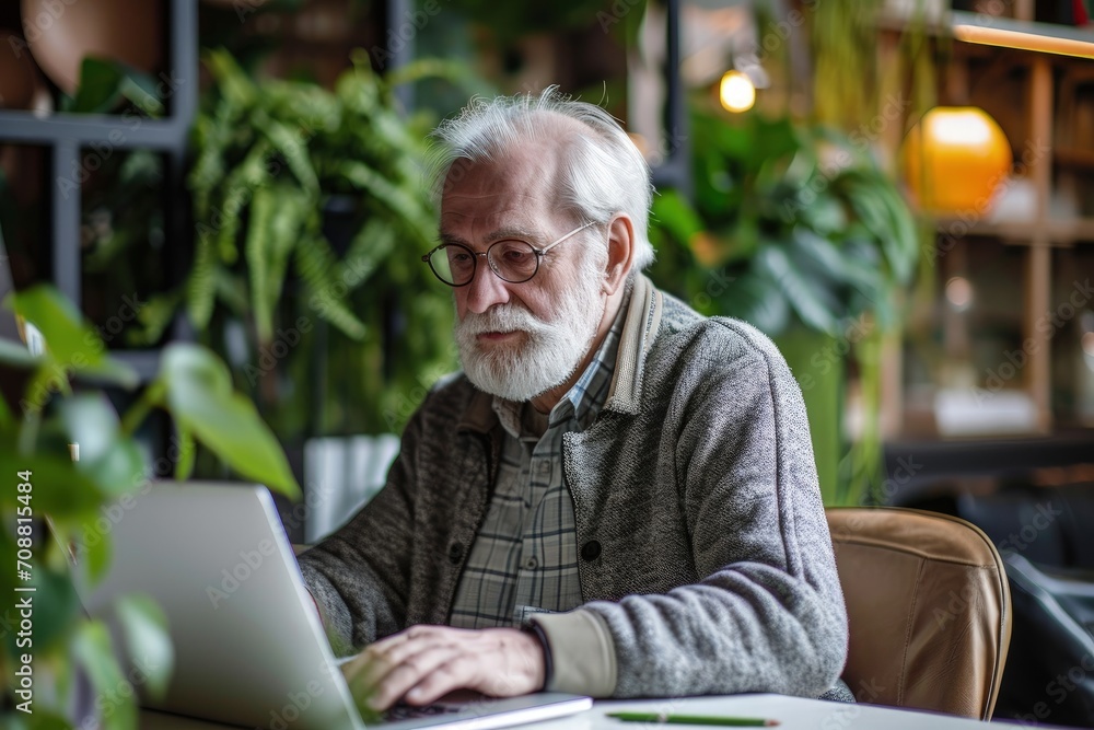 Elderly man working with laptop at office desk, Old man working in the office Elderly man working with laptop at office desk, Old man working in the office