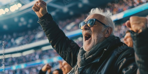 Elderly man celebrating in football stadium stands, happy man with goal in football match