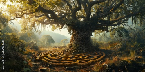 Giant sacred tree with labyrinth at the roots photo