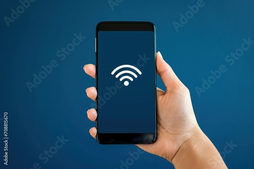 Hand holding cell phone with WIFI icon on screen isolated on blue background