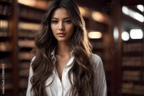 Close-up portrait of young promising beautiful businesswoman in business suit in office. A businesswoman in an office, symbolizing professionalism and work in a corporate environment. Generative Ai.