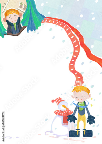 男の子と寄り添う雪だるま