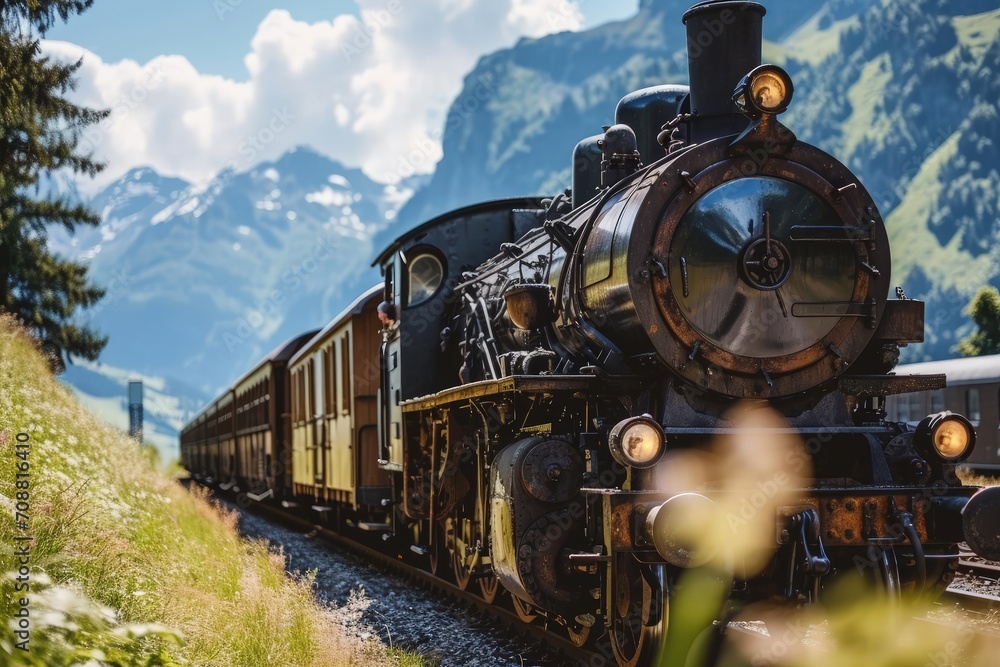 Obraz premium Old locomotive with many carriages passing through Swiss landscape during summer