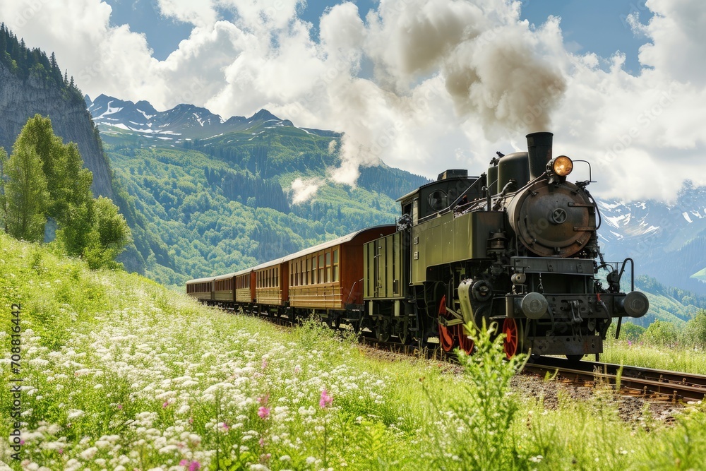 Fototapeta premium Old locomotive with many carriages passing through Swiss landscape during summer