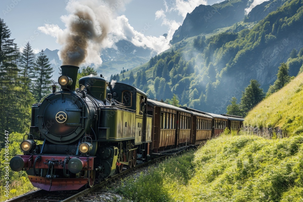 Old locomotive with many carriages passing through Swiss landscape during summer Old locomotive with many carriages passing through Swiss landscape during summer