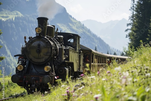 Old locomotive with many carriages passing through Swiss landscape during summer