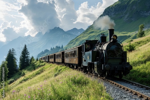 Old locomotive with many carriages passing through Swiss landscape during summer